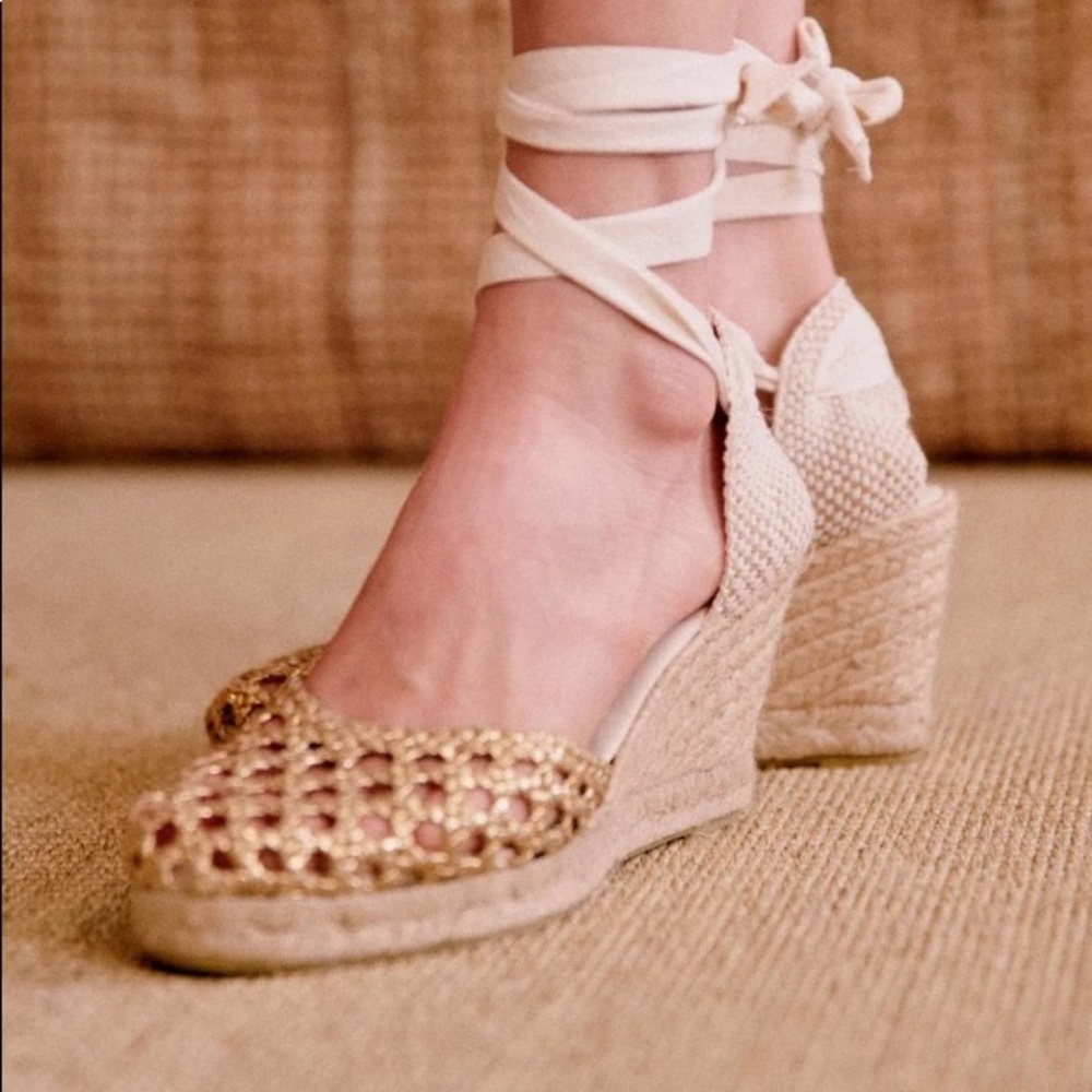 Sezane Woven Espadrille Wedge Sandals in Natural and Gold